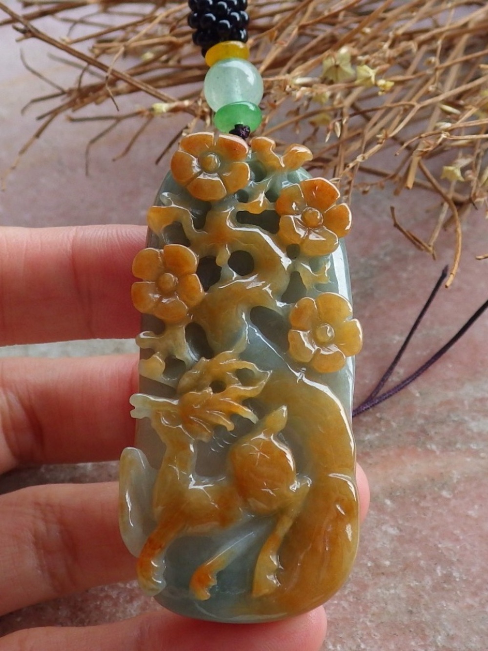 Certified Hand Carved Natural Burma A Jade Deer Flower Lotus Pendant Necklace